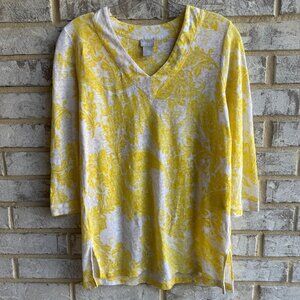 Chico's 3/4 Sleeve V-Neck White/Yellow Paisley 100% Linen Blouse Size 0 (S)
